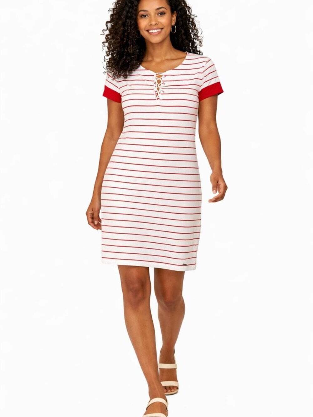Tommy Hilfiger Red White Striped Lace Up Short Sleeve T Shirt Dress Large